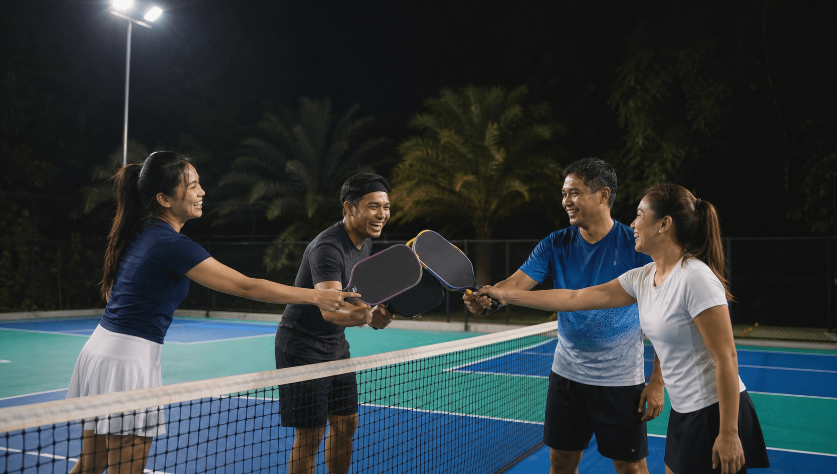 Four friends tapping paddles together after a night pickleball game